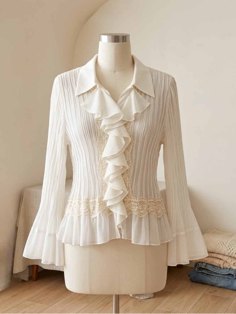 White Stag Cream Ruffle Front Lace-Trim Blouse